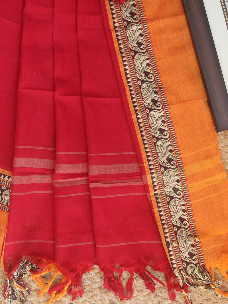 Red Dharwad Cotton Dress Material With Elephant Borders