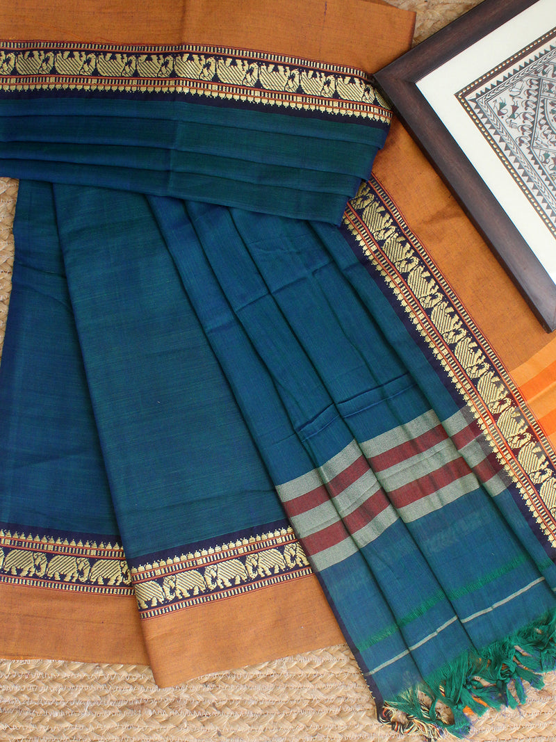 Blue and Green Dual Toned Dharwad Cotton Dress Material With Elephant Borders