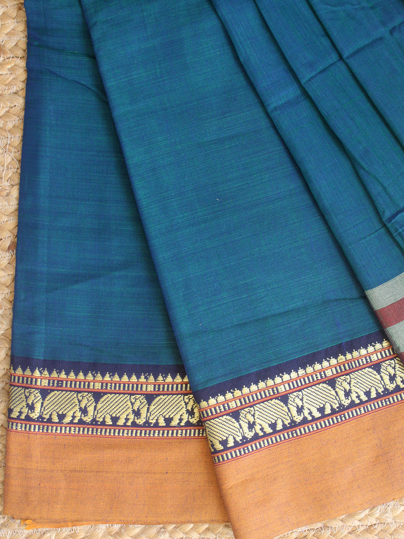 Blue and Green Dual Toned Dharwad Cotton Dress Material With Elephant Borders