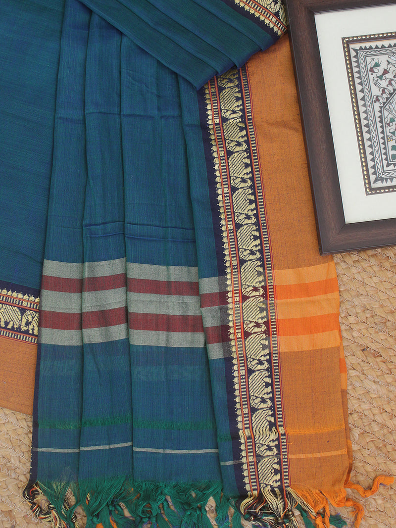 Blue and Green Dual Toned Dharwad Cotton Dress Material With Elephant Borders