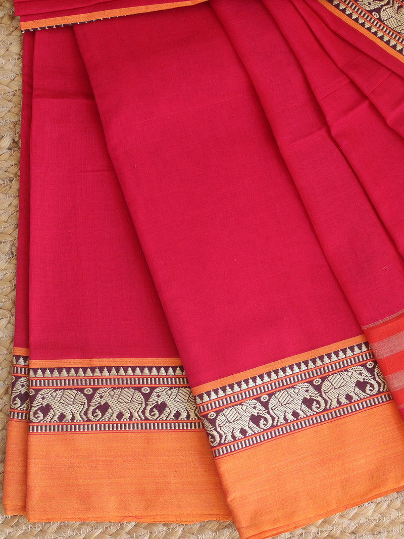 Pinkish Red Dharwad Cotton Dress Material With Elephant Borders