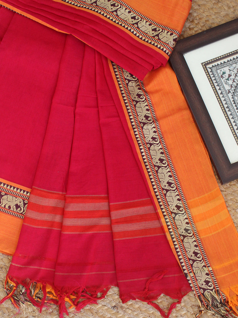 Pinkish Red Dharwad Cotton Dress Material With Elephant Borders