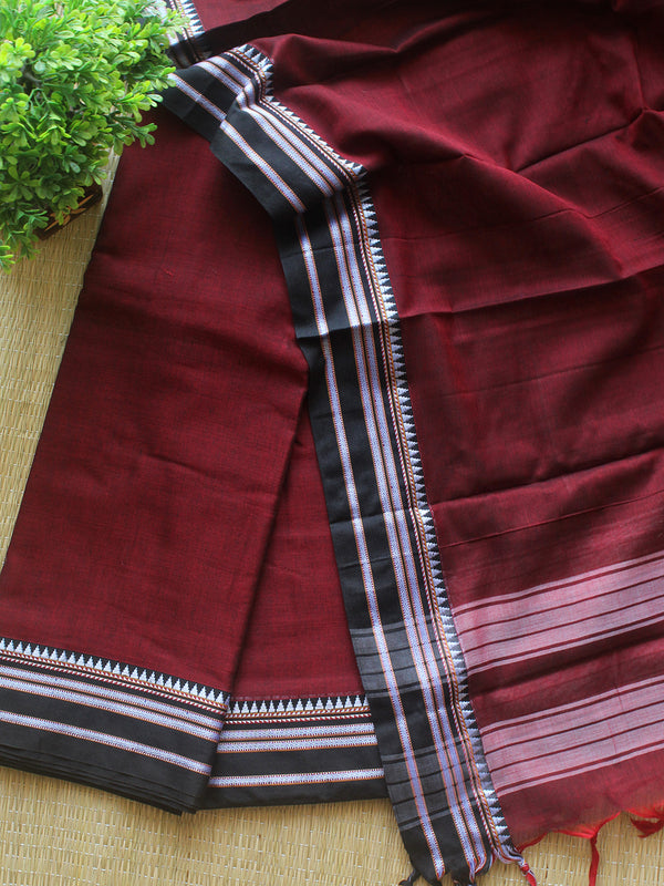 Maroon and Black Dharwad Cotton Dress Material With Gomi Borders