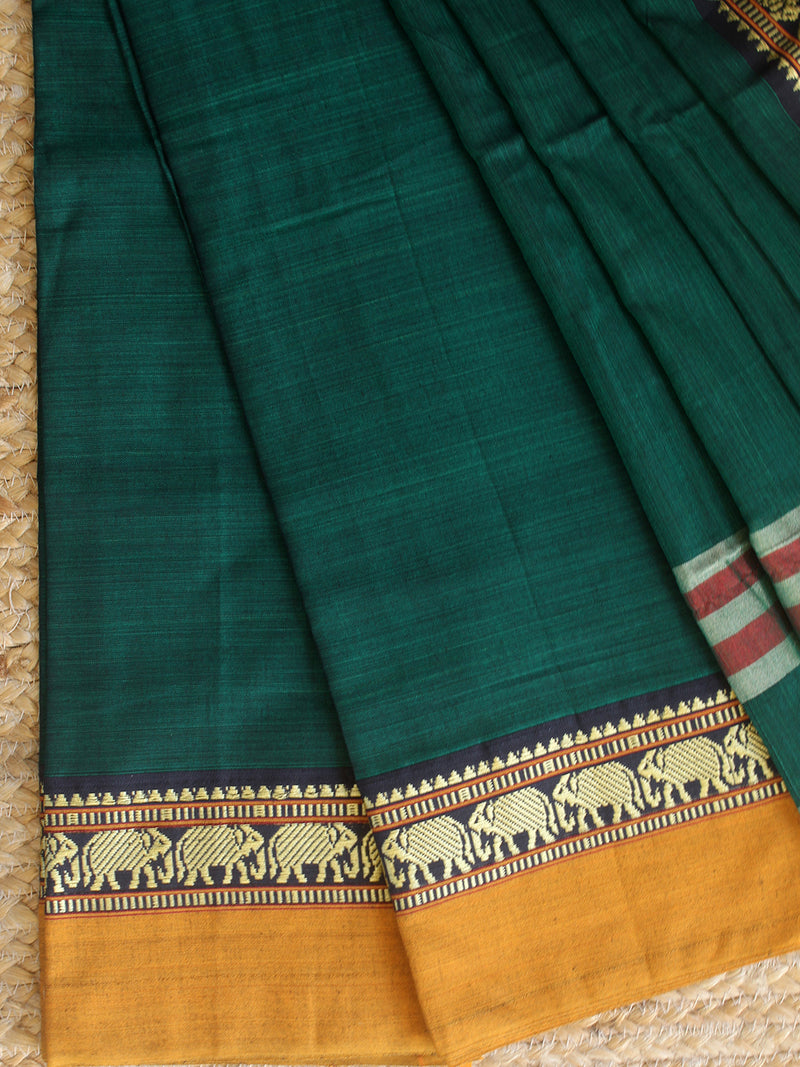 Green Dharwad Cotton Dress Material With Elephant Borders