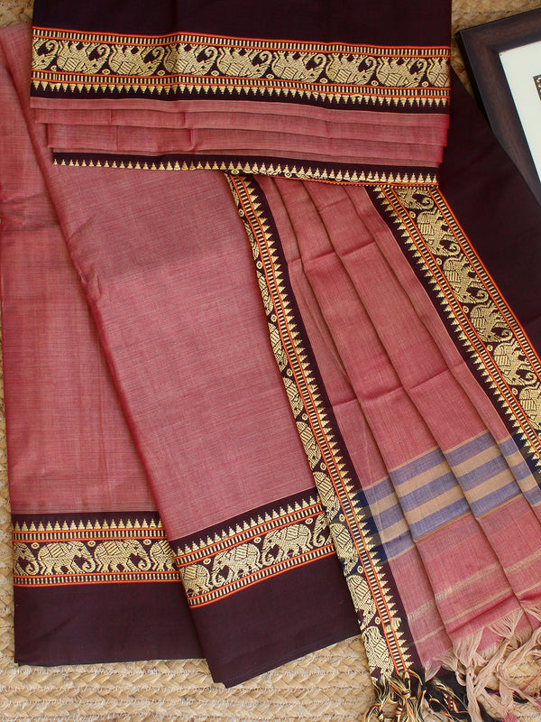 Beige and Red Dual Toned Dharwad Cotton Dress Material With Elephant Borders