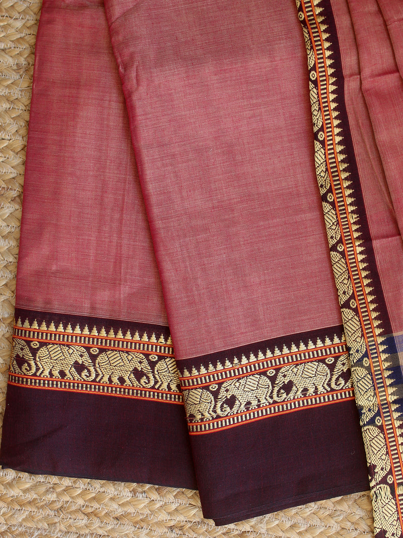 Beige and Red Dual Toned Dharwad Cotton Dress Material With Elephant Borders