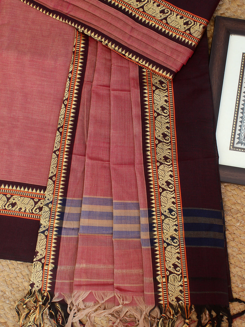 Beige and Red Dual Toned Dharwad Cotton Dress Material With Elephant Borders