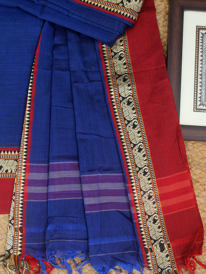 Blue Dharwad Cotton Dress Material With Elephant Borders