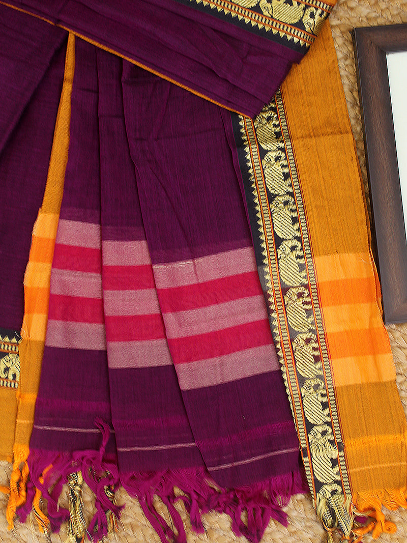 Purple Dharwad Cotton Dress Material With Elephant Borders