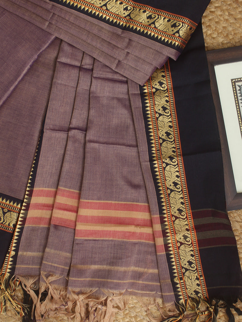 Beige and Purple Dharwad Cotton Dress Material With Elephant Borders