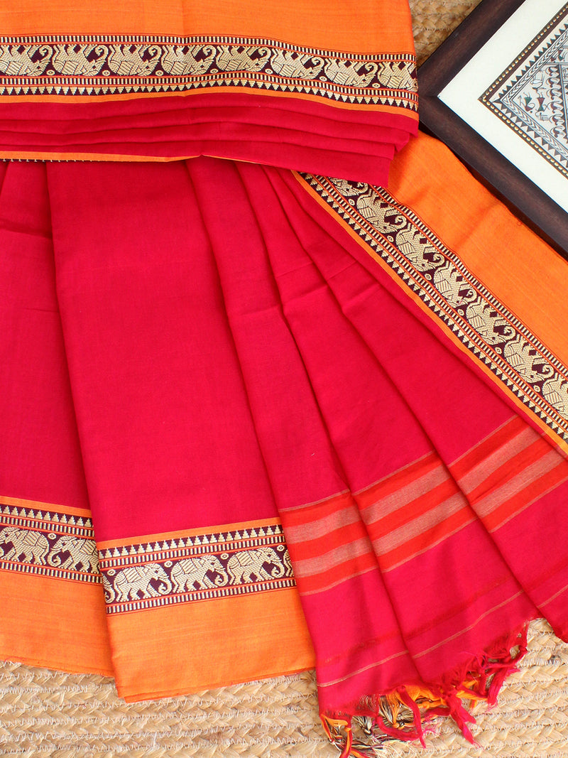 Pinkish Red Dharwad Cotton Dress Material With Elephant Borders