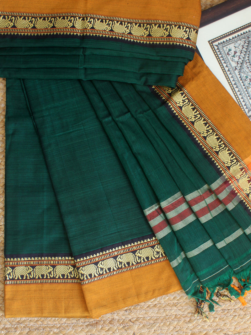 Green Dharwad Cotton Dress Material With Elephant Borders