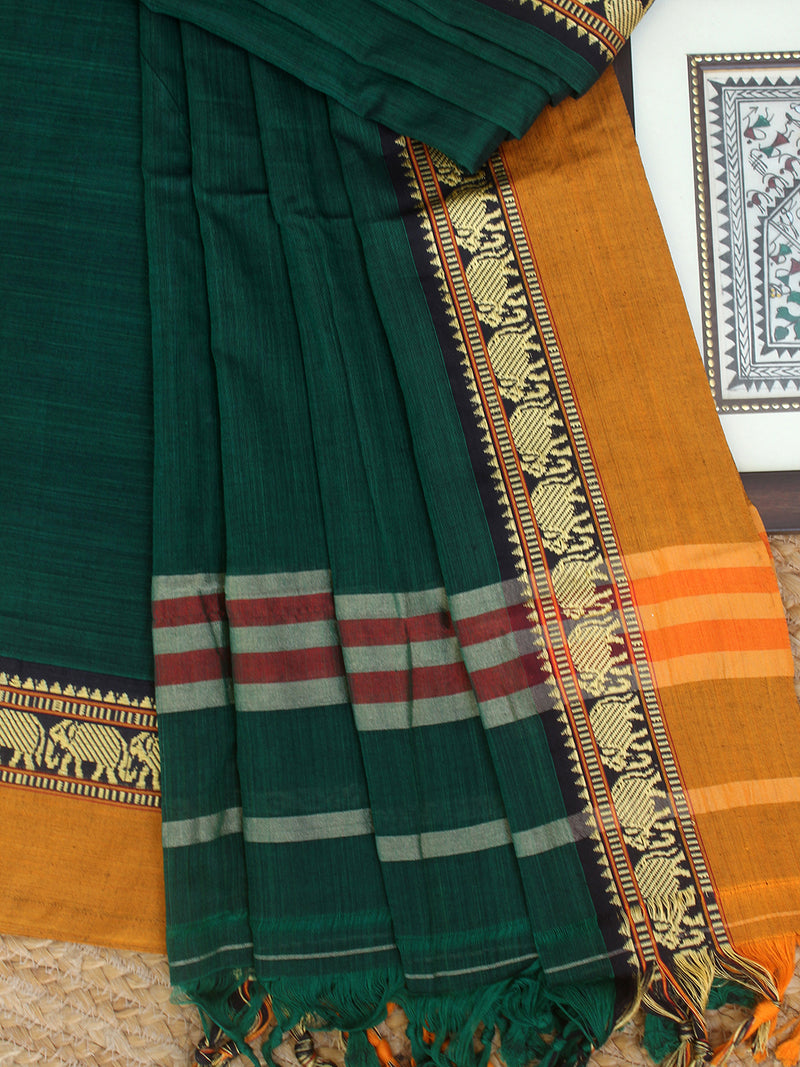 Green Dharwad Cotton Dress Material With Elephant Borders