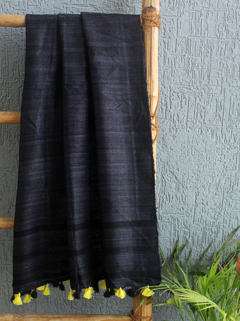 Black Tussar Silk Handloom Dupatta With Tassels