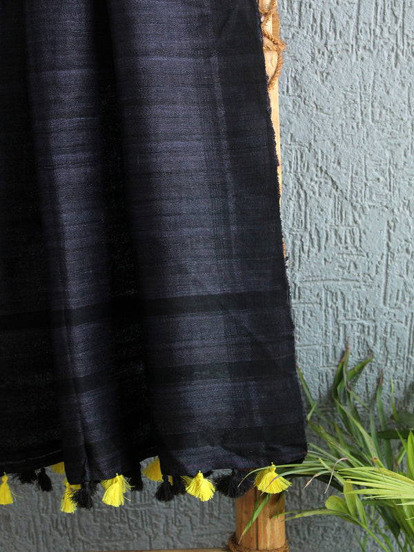 Black Tussar Silk Handloom Dupatta With Tassels