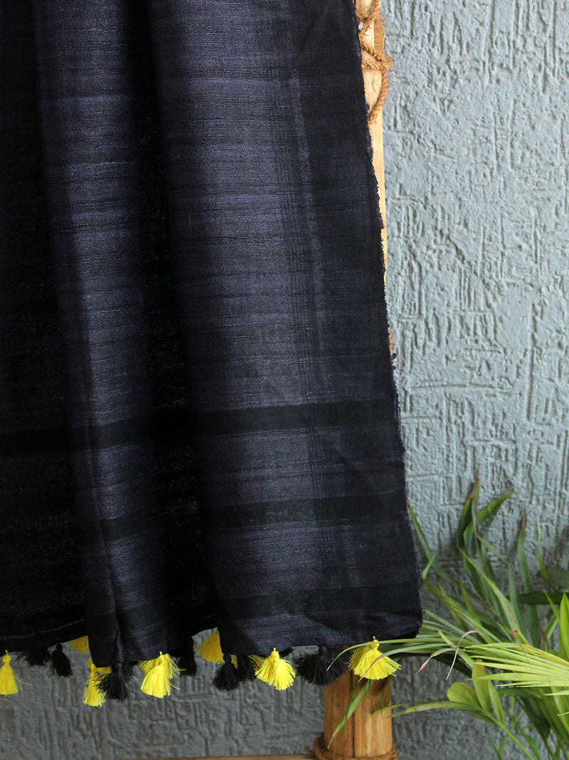 Black Tussar Silk Handloom Dupatta With Tassels