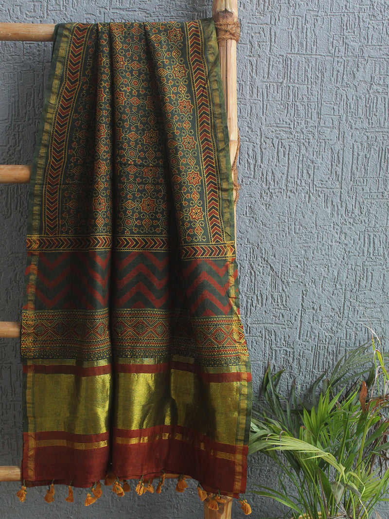 Chanderi Ajrakh Hand Block Printed Dupatta