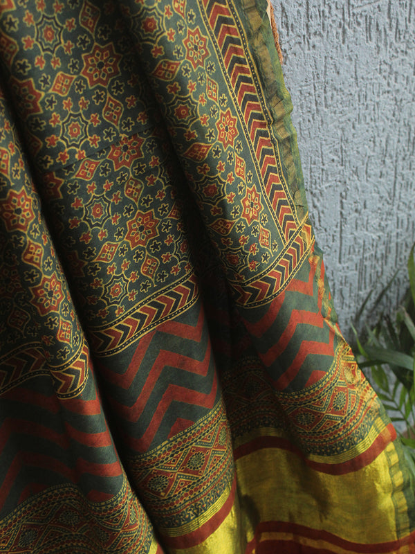 Chanderi Ajrakh Hand Block Printed Dupatta