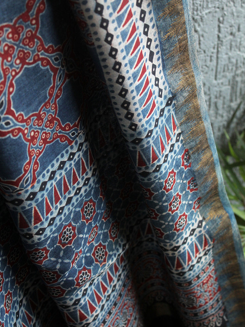 Chanderi Ajrakh Hand Block Printed Dupatta