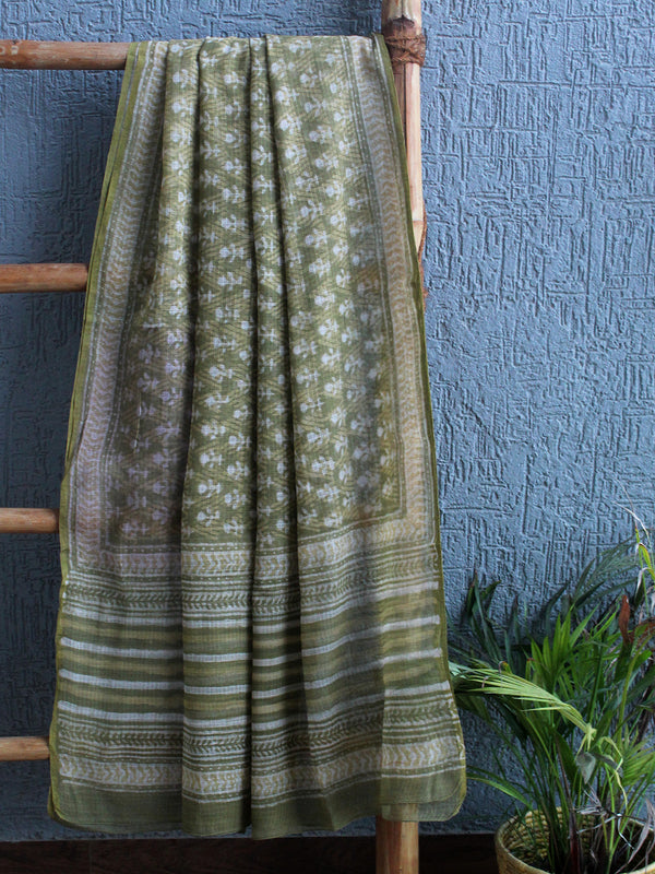 Green Bagru Hand Block Printed Kota Doria Dupatta