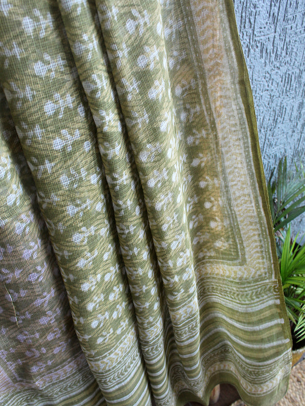 Green Bagru Hand Block Printed Kota Doria Dupatta