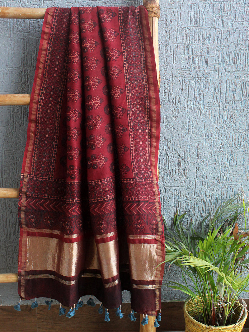 Chanderi Ajrakh Hand Block Printed Dupatta