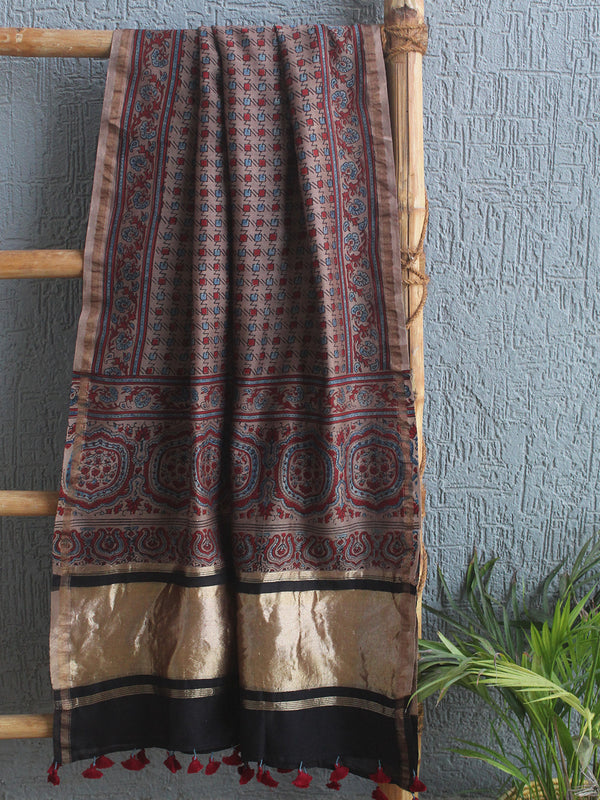 Chanderi Ajrakh Hand Block Printed Dupatta