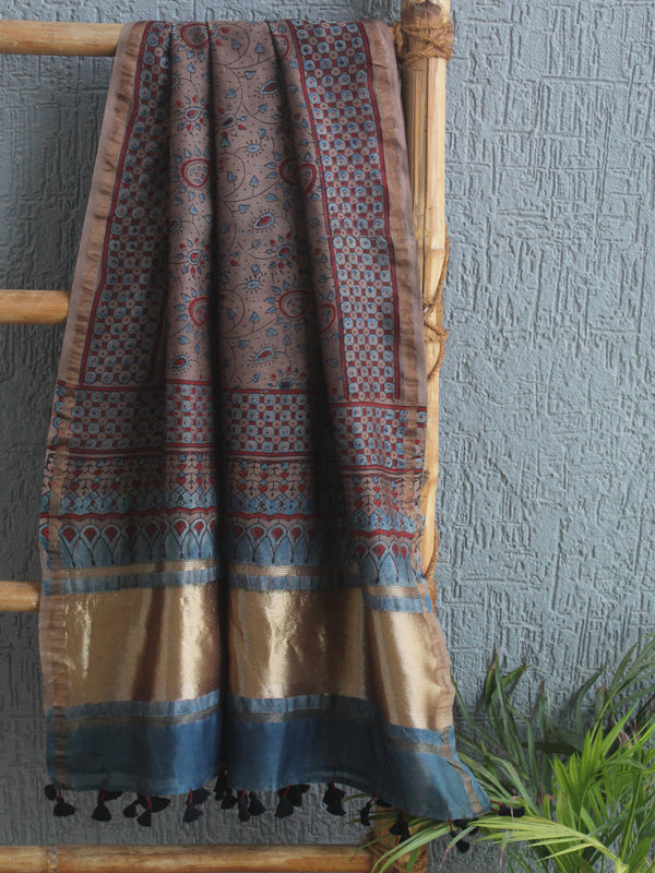 Chanderi Ajrakh Hand Block Printed Dupatta