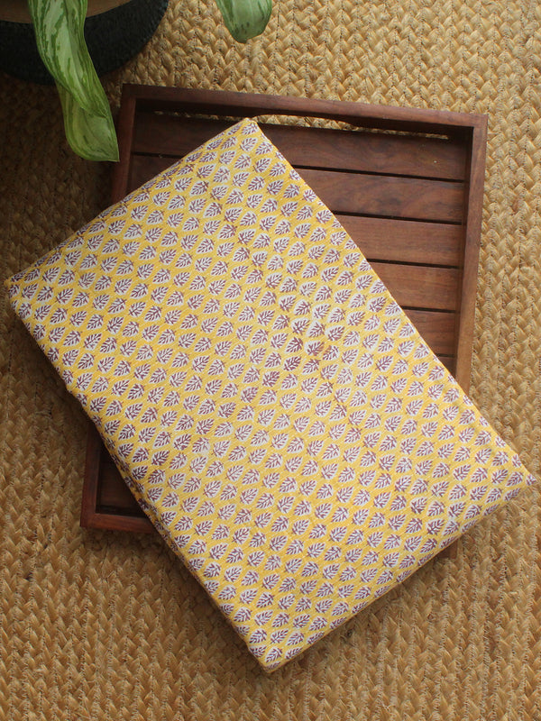 Yellow Hand Block Printed Cotton Fabric with Kantha Stitches