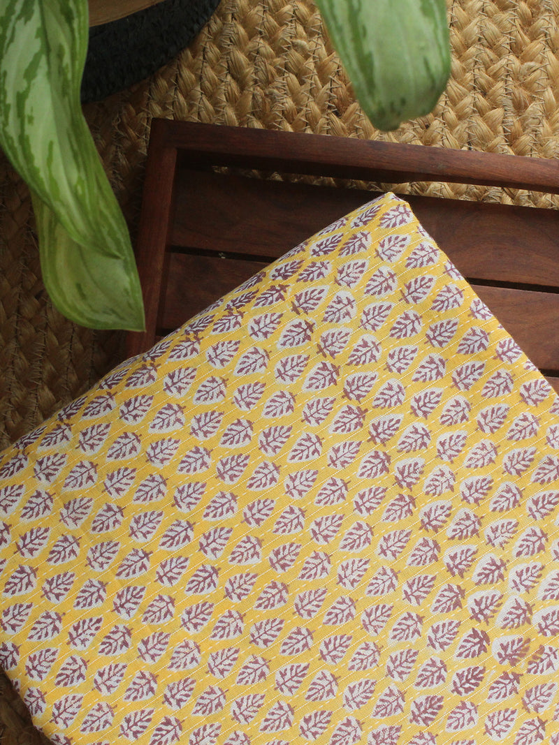 Yellow Hand Block Printed Cotton Fabric with Kantha Stitches