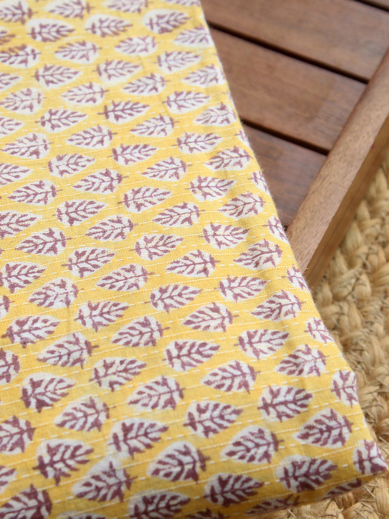 Yellow Hand Block Printed Cotton Fabric with Kantha Stitches