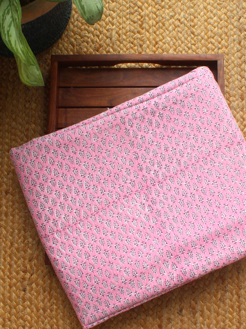 Pink Hand Block Printed Cotton Fabric with Kantha Stitches