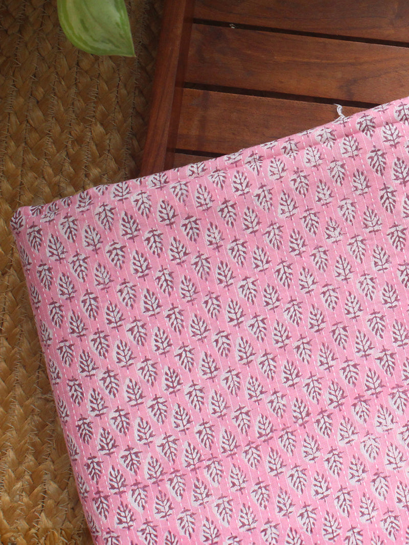 Pink Hand Block Printed Cotton Fabric with Kantha Stitches