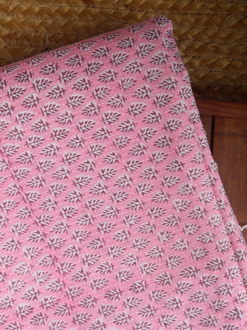 Pink Hand Block Printed Cotton Fabric with Kantha Stitches