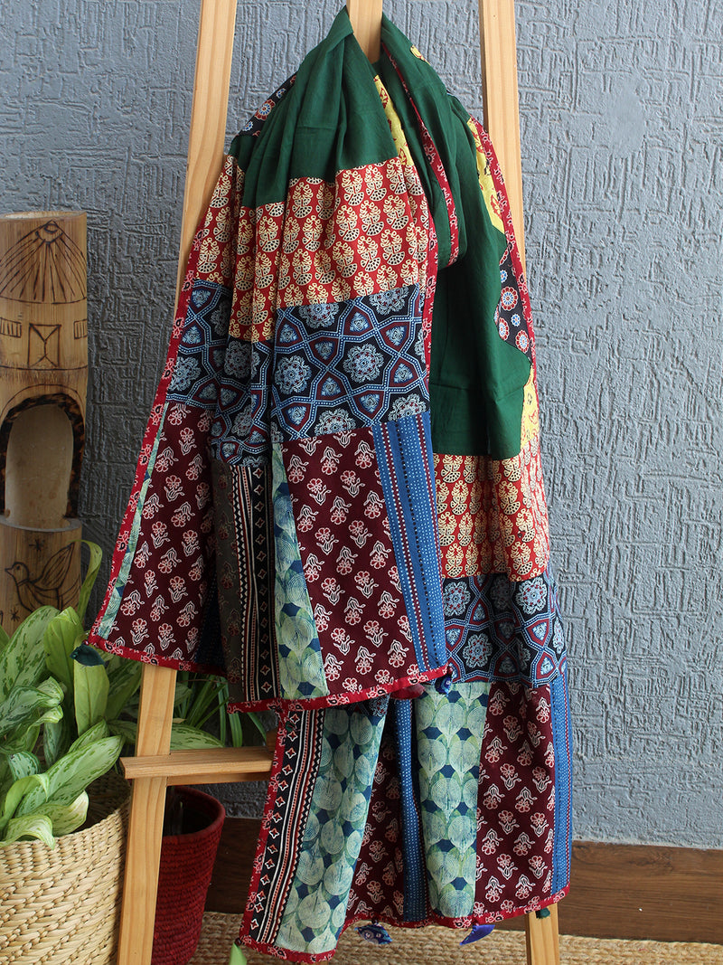 Applique Patchwork Cotton Ajrakh Dupatta with Mirror Work