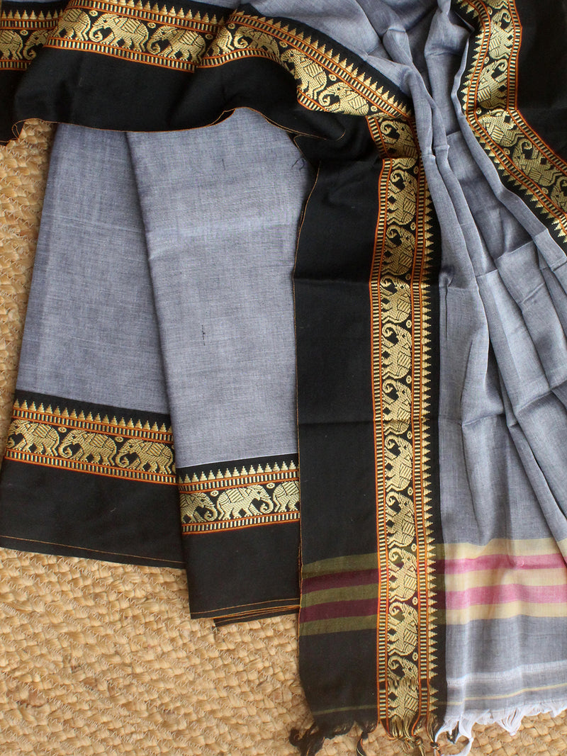 Grey Dharwad Cotton Dress Material With Elephant Borders