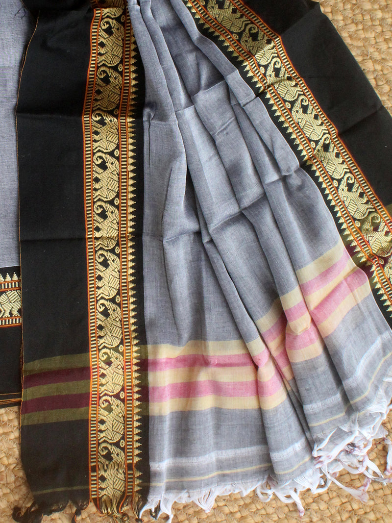 Grey Dharwad Cotton Dress Material With Elephant Borders