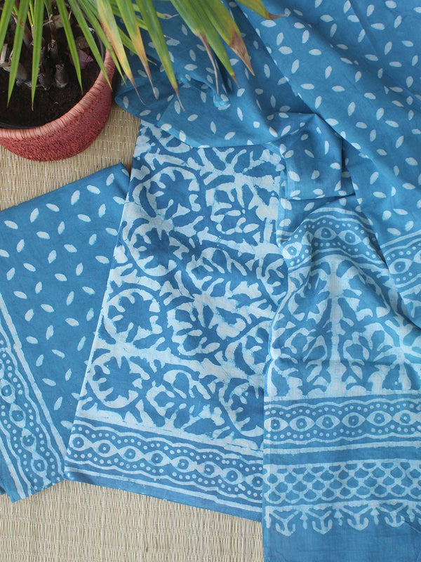 Sky Blue Batik Hand Block Printed Cotton Dress Material