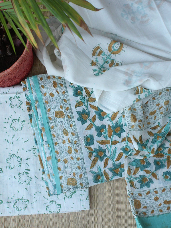 White Bagru Hand Block Printed Cotton Dress Material