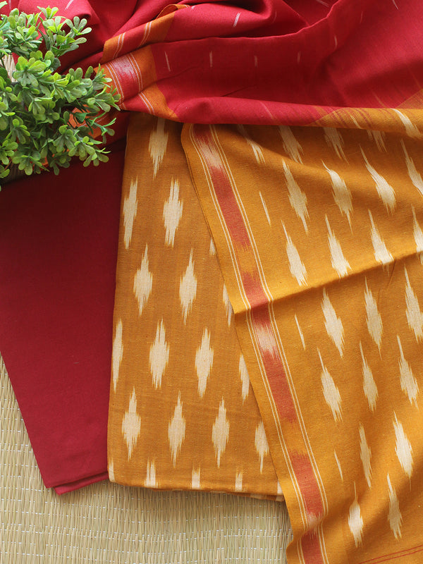 Mustard and Red Pochampally Ikkat Handloom Cotton Dress Material