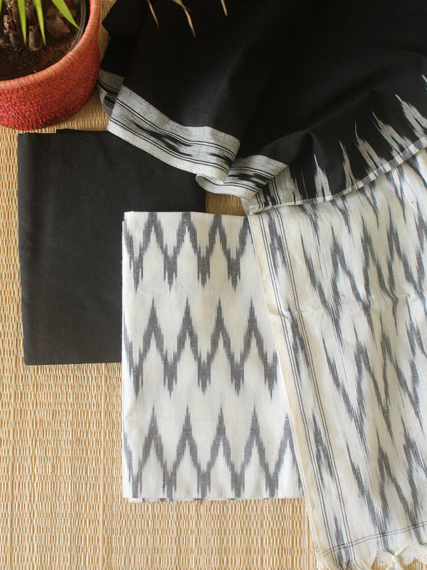 White and Black Pochampally Ikkat Handloom Cotton Dress Material