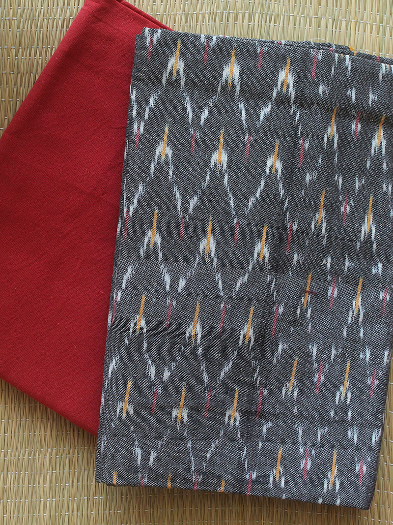 Grey and Red Pochampally Ikkat Handloom Cotton Dress Material