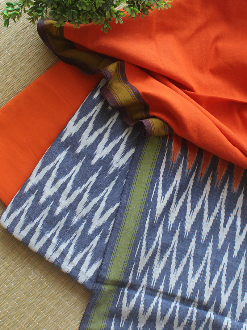 Blue and Orange Pochampally Ikkat Handloom Cotton Dress Material