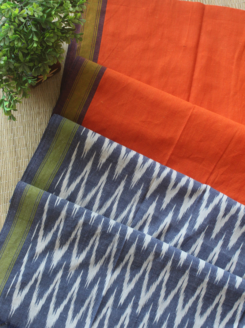 Blue and Orange Pochampally Ikkat Handloom Cotton Dress Material