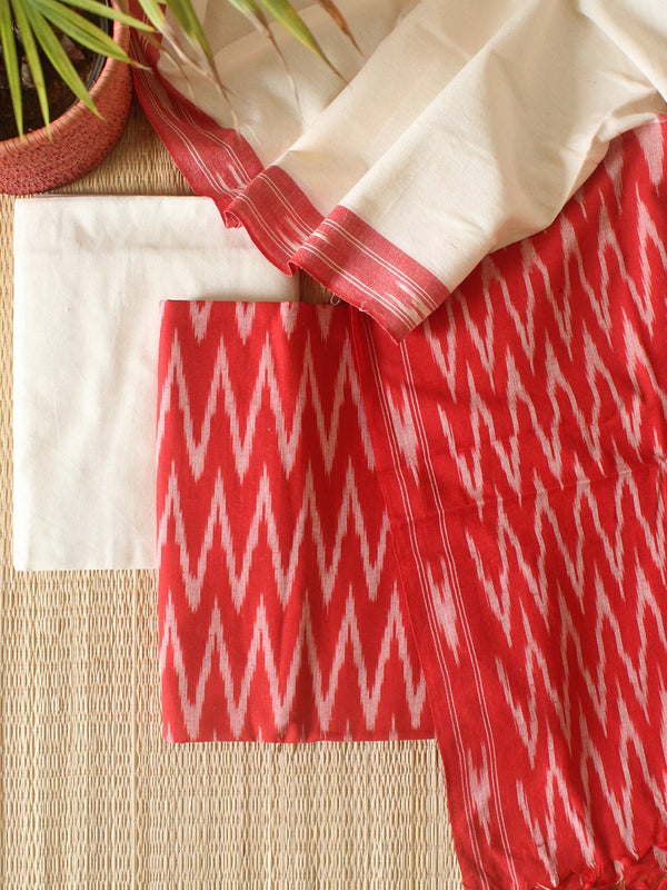 Red and Off-White Pochampally Ikkat Handloom Cotton Dress Material