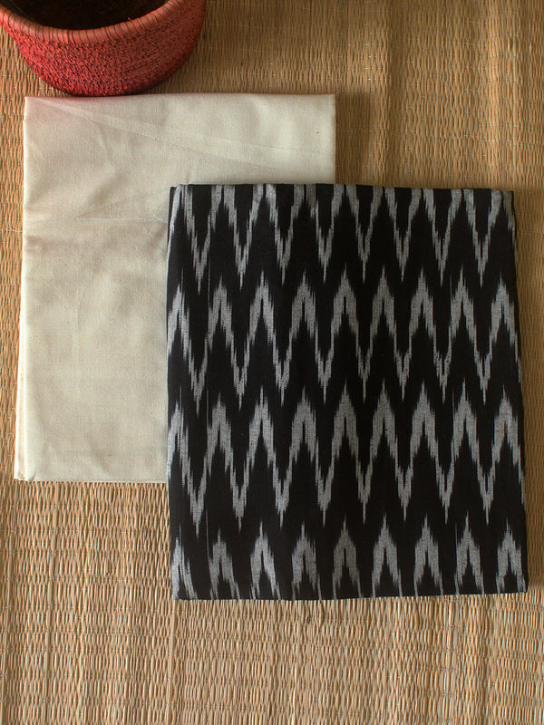 Black and Off-White Pochampally Ikkat Handloom Cotton Dress Material