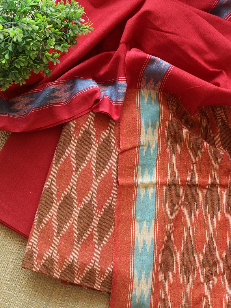 Orange and Red Pochampally Ikkat Handloom Cotton Dress Material