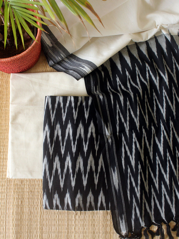 Black and Off-White Pochampally Ikkat Handloom Cotton Dress Material