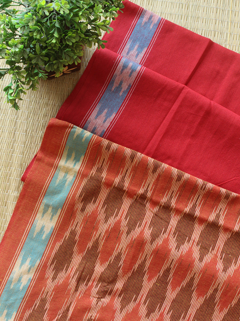 Orange and Red Pochampally Ikkat Handloom Cotton Dress Material