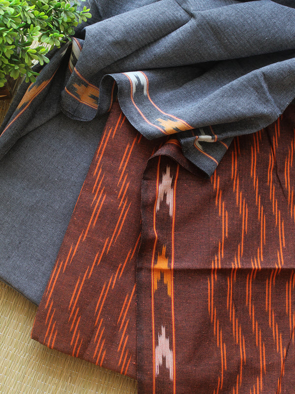 Brown and Grey Pochampally Ikkat Handloom Cotton Dress Material